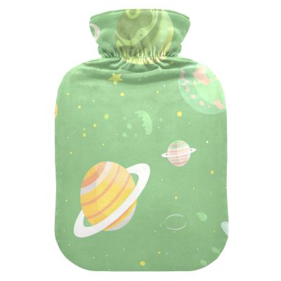 Cartoon Illustration Space Soft Green hot Water Bottle with Soft Cover, 2L Water Bottle Bag for Period Cramps, Neck and Shoulder Pain Relief, Bolsa para agua Caliente