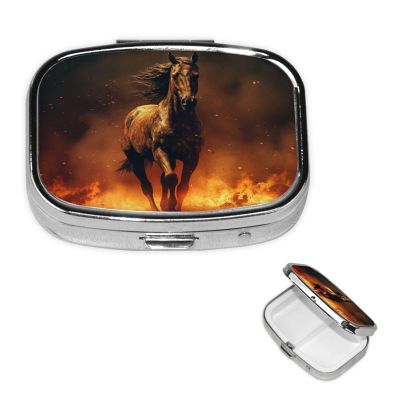 Flame Horse Pill Case with Mirror Retro 2 Compartment Pill Box Small Pill Organizer for Purse or Pocket Decorative Metal Medicine Vitamin Organizer Unique Gifts