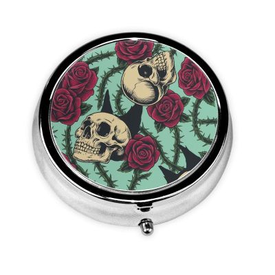 Vintage Skull and Rose 3 Compartment Pill Case with Mirror for Travel Portable Pill Box Supplements