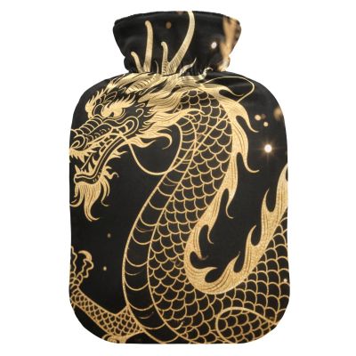 Black and Golden Dragon hot Water Bottles with Soft Cover, 2L hot Compress for Tummy Warmer, Pain Relief, compresas calientes para el vientre