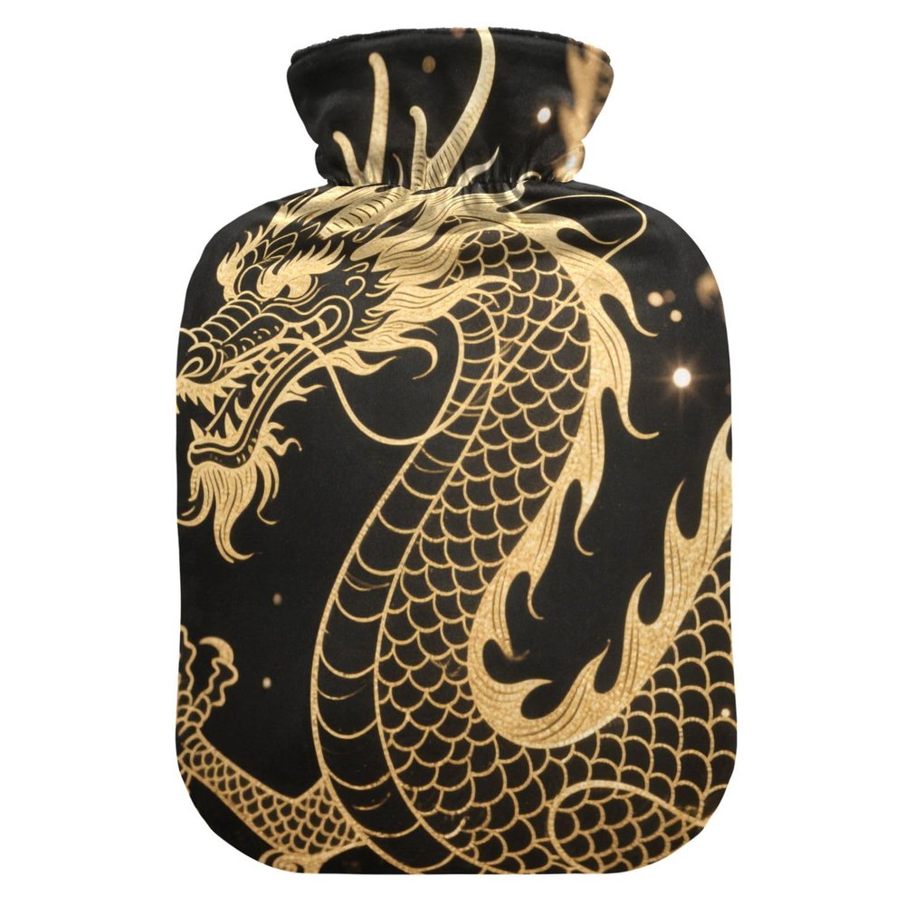 Black and Golden Dragon hot Water Bottles with Soft Cover, 2L hot Compress for Tummy Warmer, Pain Relief, compresas calientes para el vientre