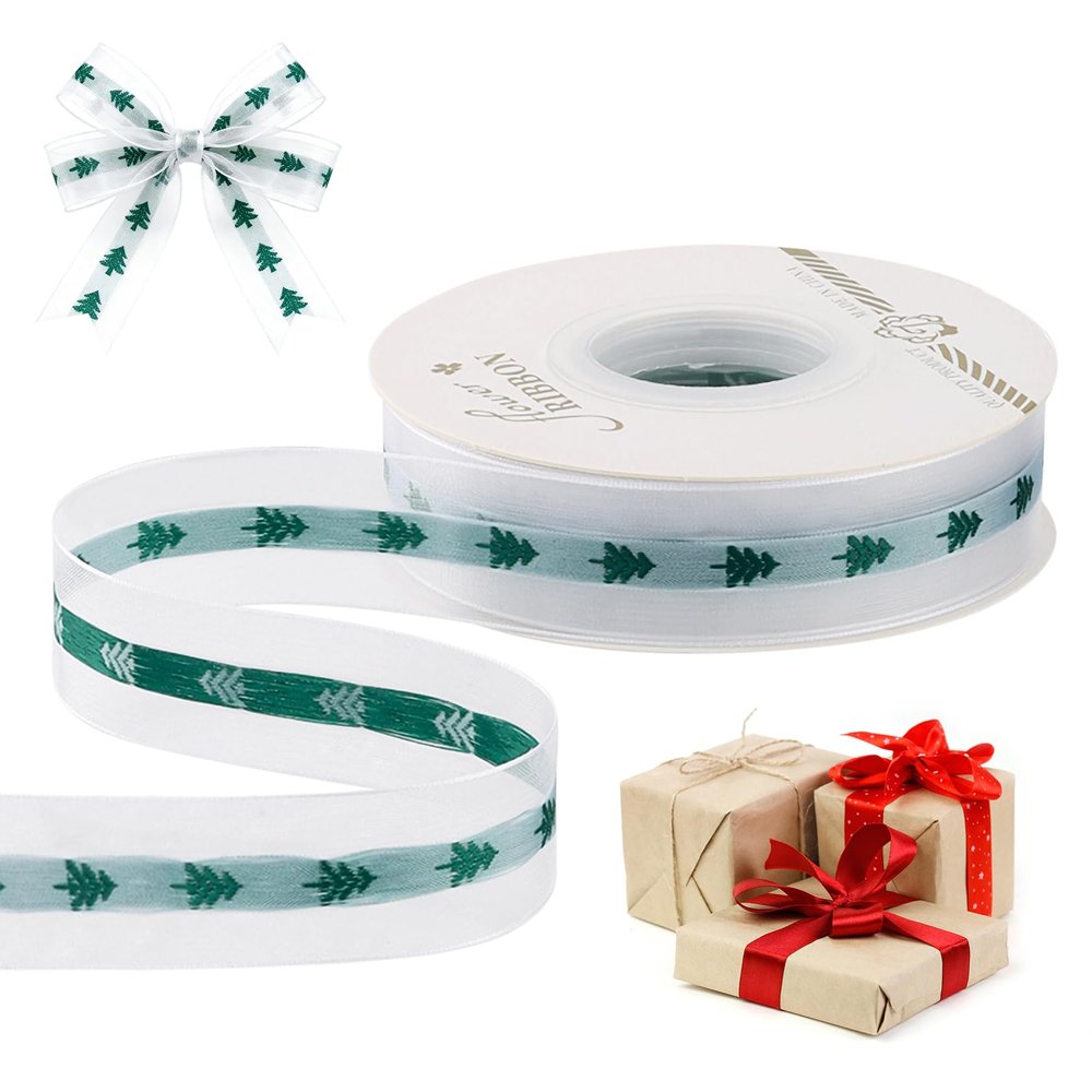 Upgrade 4 Rolls 100 Yards Christmas Ribbons Glitter Fabric Holiday Festival Satin 25mm Wide Ribbons for Gift Wrapping Decoration - 25 Yards per roll (Christmas Tree Green)