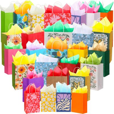 Tenceur 28 Pcs Papers Gift Bags Assorted Sizes Bulk with 56 Tissues Gift Bags Variety Size Pack with Handles for Birthday Wedding Mother Day Holiday Graduation Party Favor Supplies(Flower)