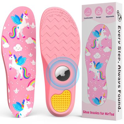 Insole with Hidden AirTag Holder Slot, Compatible with Apple AirTag Trackers, Tracking Device Insert Case for Kids Adults and Elderly, Unicorn-Themed Pattern, Enhanced Grip Design, Pink(255-270mm)