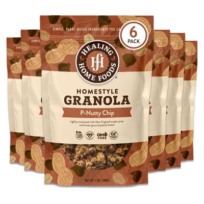 Healing Home Foods P-Nutty Chip, Gluten Free Granola Mix with Peanut Butter & Chocolate Chips - Low Sugar Granola Clusters, Vegan & Healthy Breakfast Snacking Cereal for Yogurt, 7oz (6Pack)