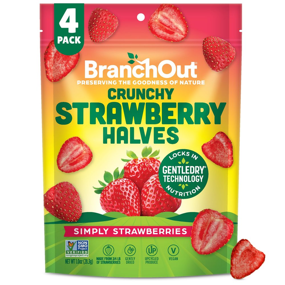 BranchOut Crunchy Strawberry Halves, 100% Fruit, Real Dried Strawberries No Added Sugar, GentleDry, Better than Freeze Dried Strawberries, Healthy Vegan Snacks, 2 oz Snack Size (Pack of 4)