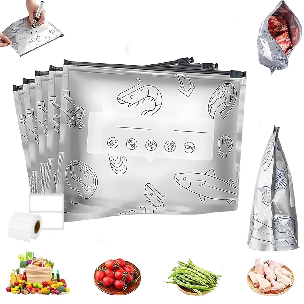 Reusable Aluminum Foil Sealable Storage Bags 15" X 15'', Heat Resistant Vacuum Zipper Pouch for Vegetable Fruit Meat, Washable Self-Sealing Freezer Bags with Label & Organize (10PCS,Large)