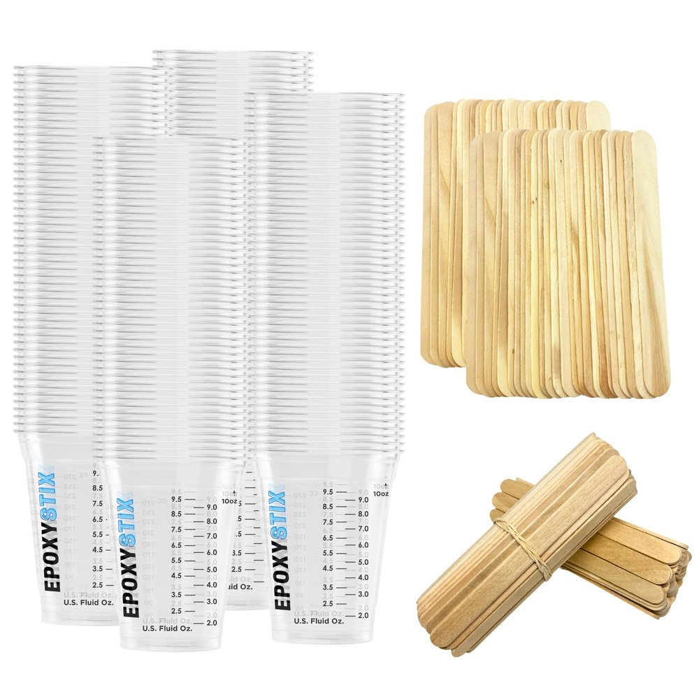 [100 Pack] 12oz Graduated Mixing Cups with 100 Mixing Sticks 50 Flat Stir Sticks & 50 Paddle Stirrers Clear Plastic Cups with oz/mL Markings for Epoxy, Resin, Paint, and Crafts