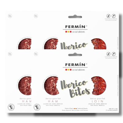 FERMN Iberico Ham & Loin Sampler Hand-Carved Style, Grain-Fed Cured in Spain Gluten & Lactose Free, Spanish Charcuterie (2 oz) (4-Pack)