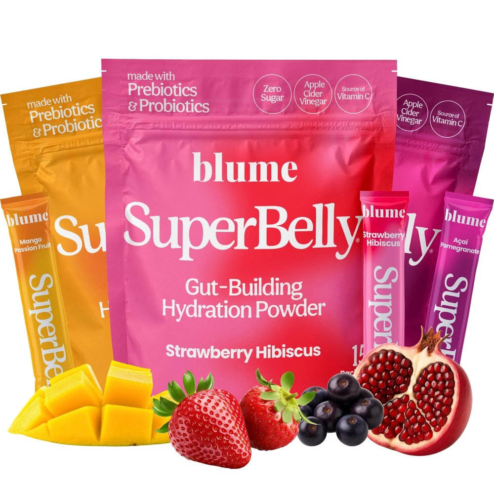 Blume SuperBelly Gut Health + Hydration, Daily Sugar Free Probiotics, Prebiotic Fiber, and Electrolytes Powder Packets for Digestion Support, Variety Pack - Strawberry, Aai, Mango, 45 Sticks