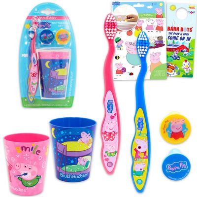 Peppa Pig Toothbrush and Cup Travel Kit for Kids - Bundle with 2 Toothbrushes, 2 Rinsing Cups, 2 Covers, Stickers, and More for Girls, Toddlers | Peppa Pig Toothbrush Set (Styles May Vary)