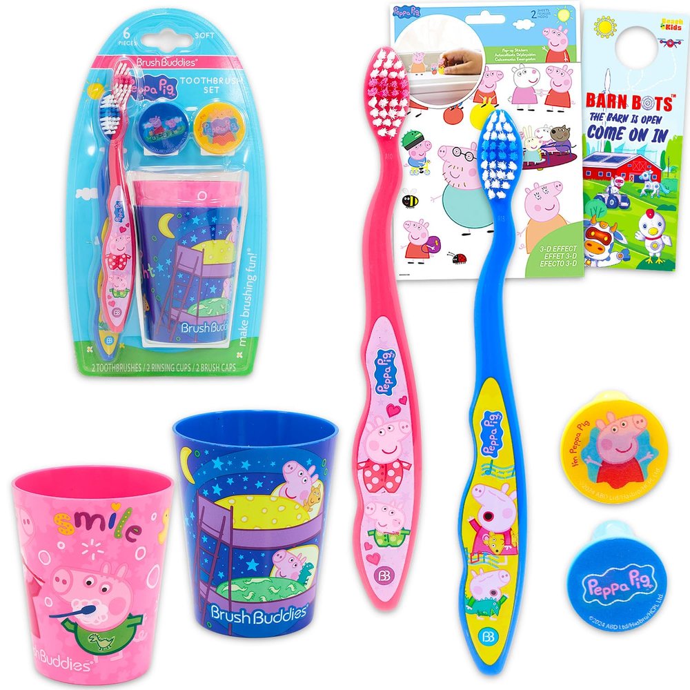 Peppa Pig Toothbrush and Cup Travel Kit for Kids - Bundle with 2 Toothbrushes, 2 Rinsing Cups, 2 Covers, Stickers, and More for Girls, Toddlers | Peppa Pig Toothbrush Set (Styles May Vary)
