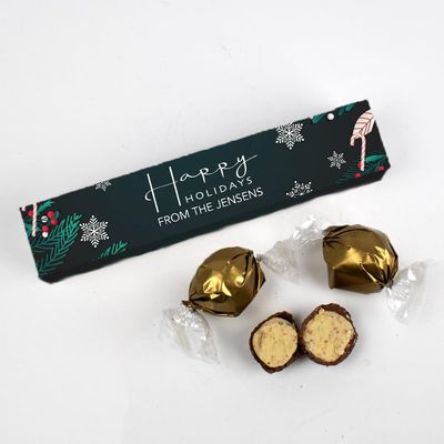 10 Pack Personalized Happy Holidays Candy Favor Box Filled With Wrapped Milk Chocolate Dubai Truffles For Christmas Gifting, Party Favors, Festive Giveaways & More