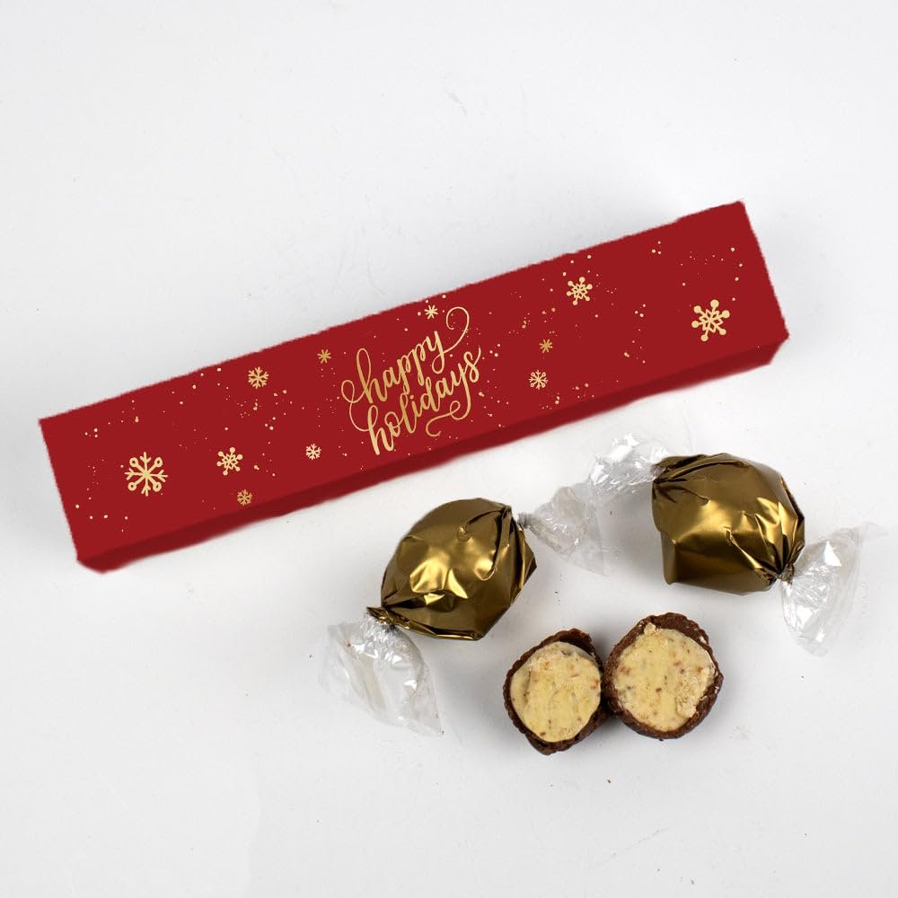 20 Pack Happy Holidays Candy Favor Box Filled With Milk Chocolate Dubai Truffles For Christmas Gifting, Party Favors, Festive Giveaways & More - Gold Snowflakes