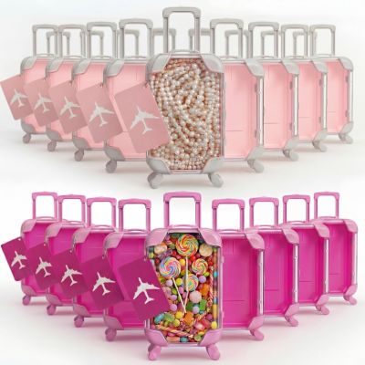 Teecyhooo 20 Pcs Mini Suitcase Party Favor Boxes and 20 Pcs Metal Luggage Tags with Card, Clear Mini Luggage Gift Boxes for Girls Wedding Travel Birthdays (6.5 x 2.8 x 1.4 Inch,Pink,Rose Red)