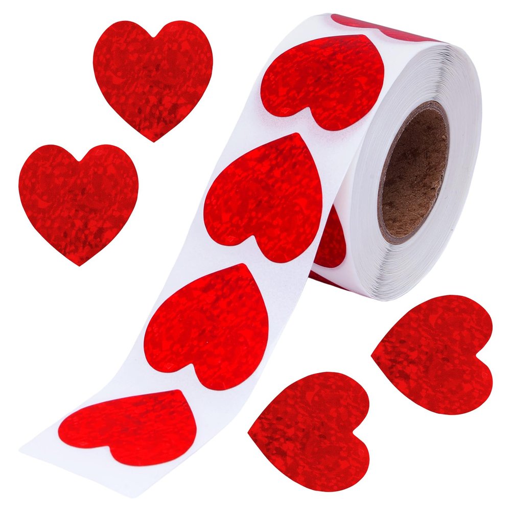 Ngdhkd 500 Pack Valentines Glitter Red Heart Stickers Roll Heart Decorative Labels