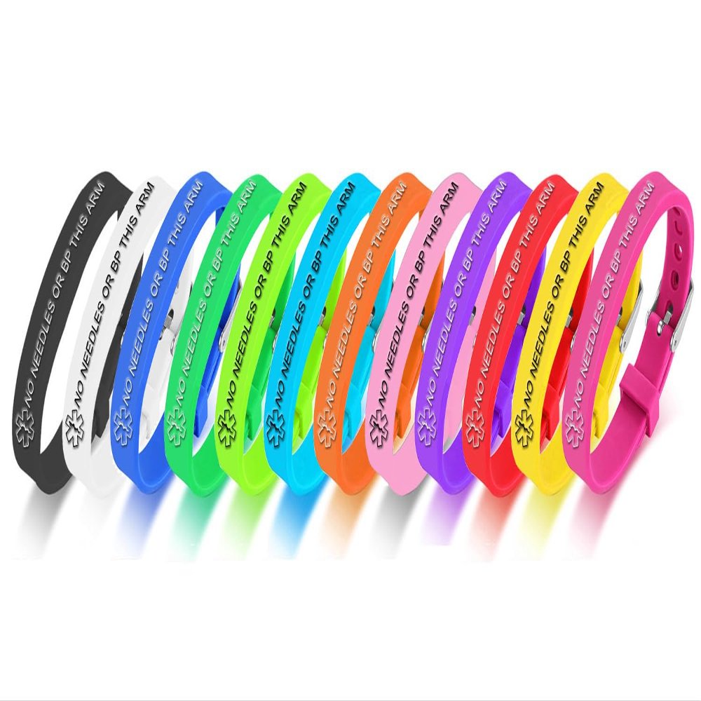 12 Pack-No Needles or Bp This Arm Medical Alert ID Bracelets 10mm Silicone Rubber Medical Alert ID Adjustable Belt Buckle Wristband for Men Women