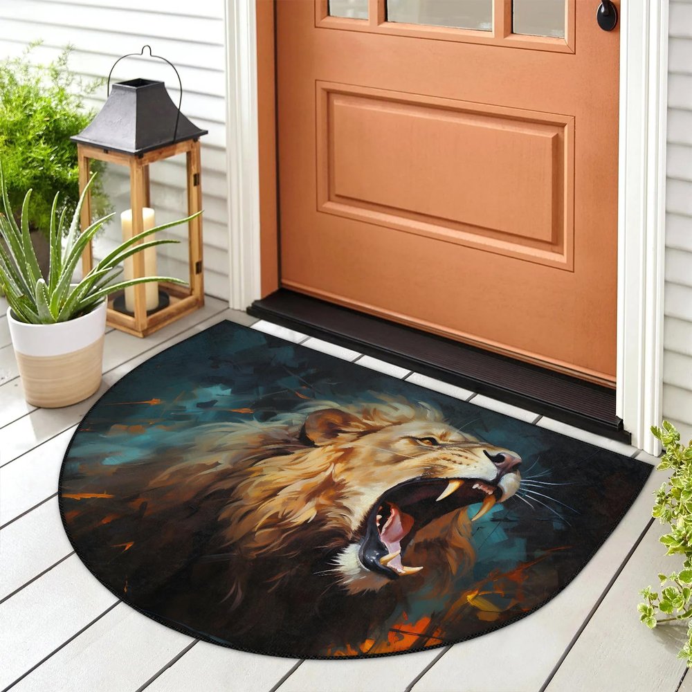 LCLJJDMBM The Roaring Lion Half Round Door Mat Welcome Mat with TPR Backing 24x36 Inch Non Slip Bath Rug Durable Washable Half Moon Rugs for Indoor Outdoor Entrance Kitchen Animal Lion