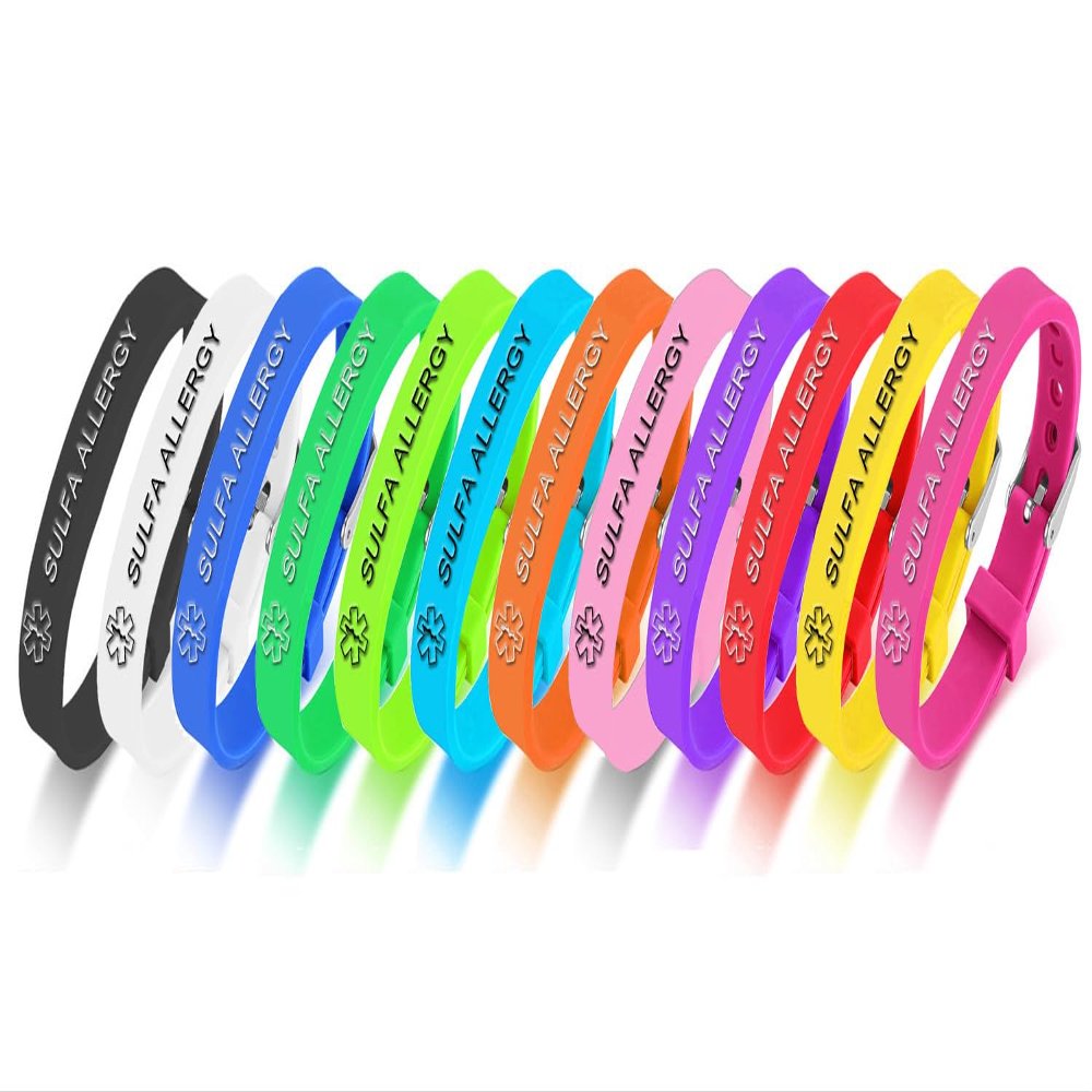 12 Pack-Sulfa Allergy Medical Alert ID Bracelets 10mm Silicone Rubber Medical Alert ID Adjustable Belt Buckle Wristband for Men Women