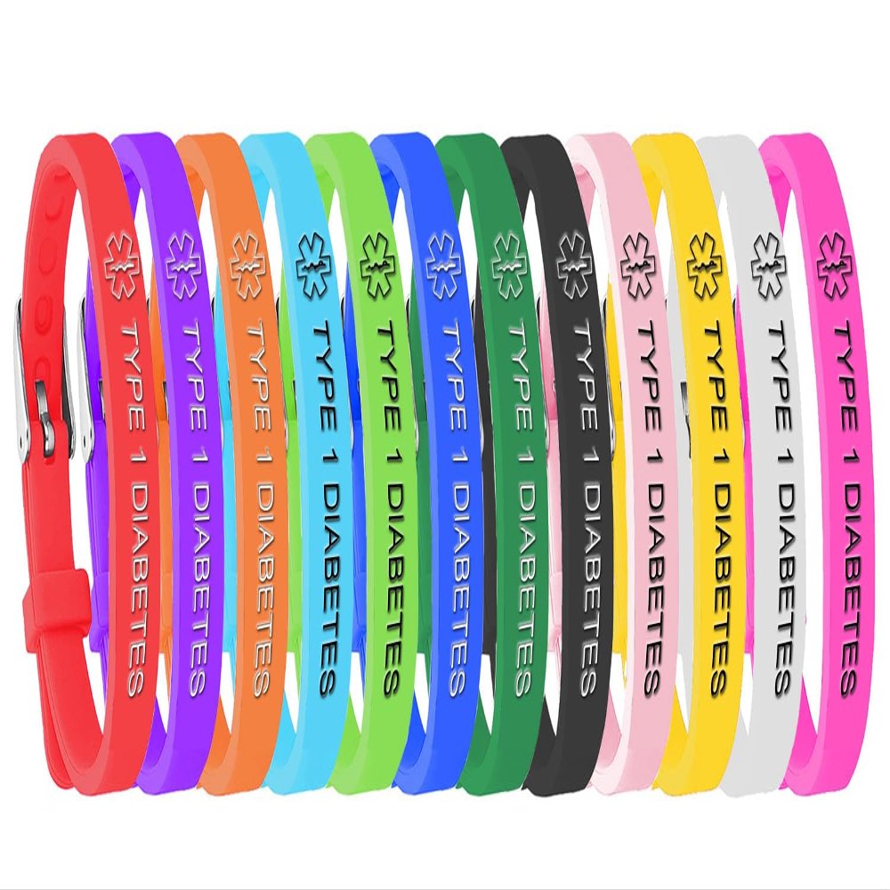 12 Pack-Type 1 Diabetes Medical Alert ID Bracelets 8mm Silicone Rubber Medical Alert ID Adjustable Belt Buckle Thin Wristband for Unisex