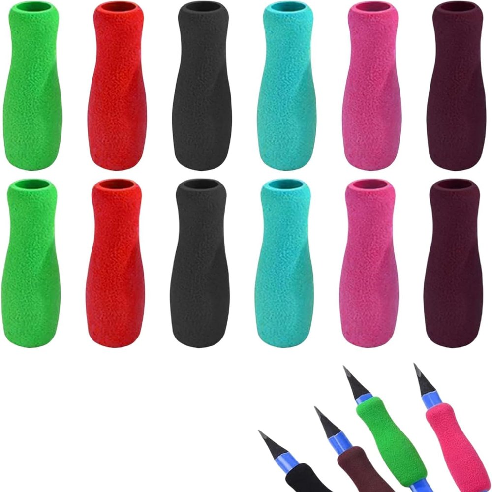 12Pcs Colorful Foam Pencil Grips, Writing Aid for Right and Left-Handed Use, Soft Slip-On Holders for Pens, Paint Brushes, Drawing and Handwriting (12)