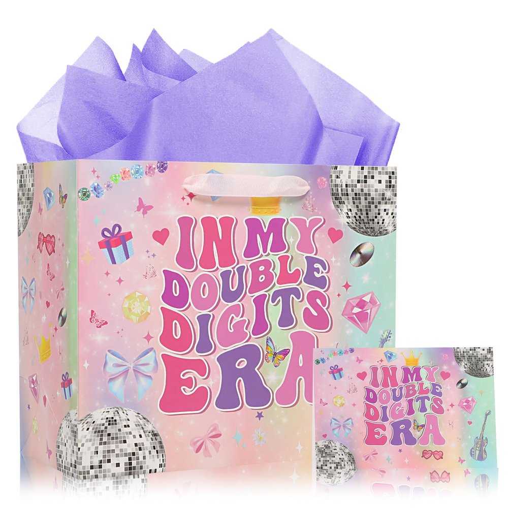 10th Birthday Pink Gift Bag - In My Double Digits Era Iridescent Birthday Gift Bag Party Favors Bags with Tissue Paper Greeting Card Envelope for 10 Years Old Teen Girl Big Sister Music Singer 12 Inch