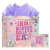 10th Birthday Pink Gift Bag - In My Double Digits Era Iridescent Birthday Gift Bag Party Favors Bags with Tissue Paper Greeting Card Envelope for 10 Years Old Teen Girl Big Sister Music Singer 12 Inch view 1
