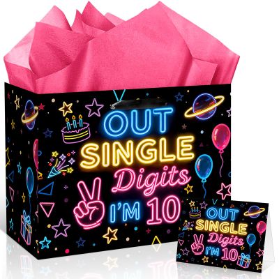 TagreSpike Happy 10th Birthday Gift Bag Glow Peace Out Single Digits I'm 10 Gifts Bag with Double Digits Wrapping Paper and Card 10th Birthday Party Decor for Girls Boys 10 Year Old Bday Gifts
