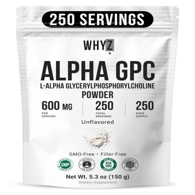 Alpha GPC Powder Alpha-Phosphorylcholine Choline Supplement Unflavored, Fine Powder for Smooth Mixing Non-GMO Vegan Additive-Free Gluten-Free, 150g (5.3 oz)