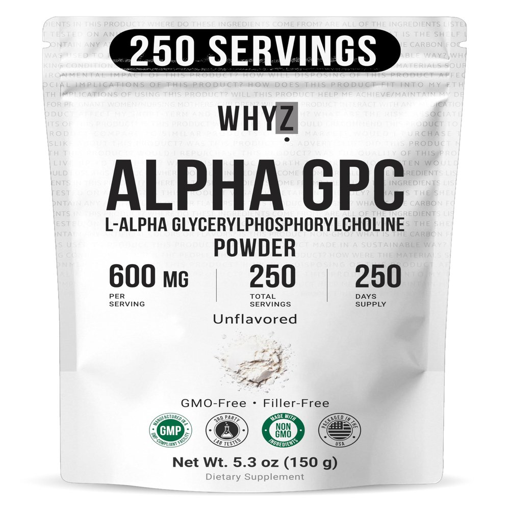 Alpha GPC Powder Alpha-Phosphorylcholine Choline Supplement Unflavored, Fine Powder for Smooth Mixing Non-GMO Vegan Additive-Free Gluten-Free, 150g (5.3 oz)