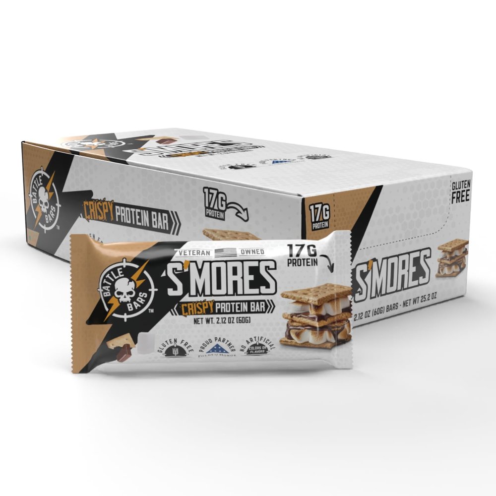 Battle Bars Crispy Protein Bar, 17g Protein per serving - Gluten Free, No Artificial Flavors or Colors - Veteran Founded - S'Mores (60g) 12 Count