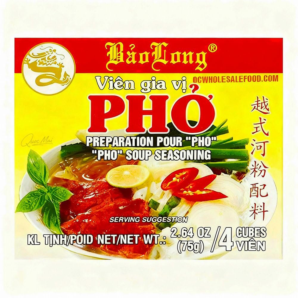Bao Long Pho Soup Seasoning Cubes Vietnamese Beef Flavor (Pho Bo) Broth Base 2.64 oz (6 Pack), Authentic Instant Pho Soup Mix