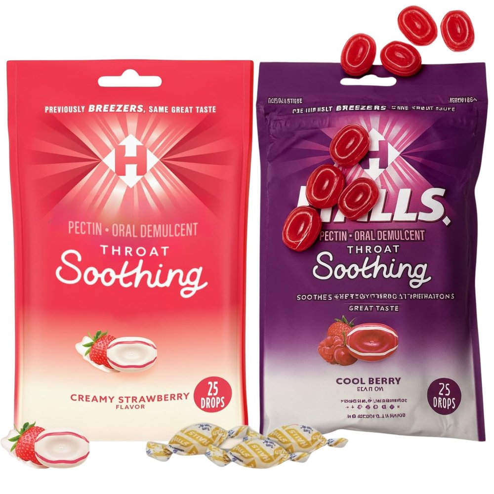 Throat Soothing (Formerly Breezers) Cool Berry Throat Drops 25 Count Per Bag and Throat Soothing Creamy Strawberry-Cough Drops for Throat 25ct ((Pack of 2 (1 of Each)))