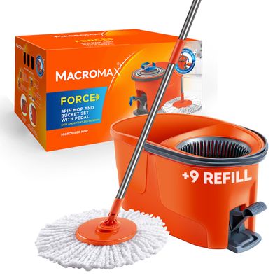Macromax Force Spin Mop and Bucket Set with 9 Refills Pedal-Activated Wringer System 360 Microfiber Mop for Floor Cleaning Ergonomic Handle Wet or Dry Use Hardwood, Tile & Laminate