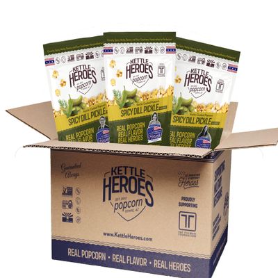 Kettle Heroes Small Batch Handcrafted Kettle Corn Popcorn - Spicy Dill Pickle Flavor - 6 Pack - Non-GMO, Gluten Free, No Trans Fat, Kosher, Soy Free - Contains 6 (six) 3oz Bags