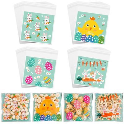 100 Pcs Easter Cookie Bags - 4" x 4" Self-Sealing Easter Cellophane Treat Bags, 4 Adorable Designs Small Clear Plastic Candy Bags for Spring Party Favors, Mini Goodie Bags for Egg Fillers & Snacks