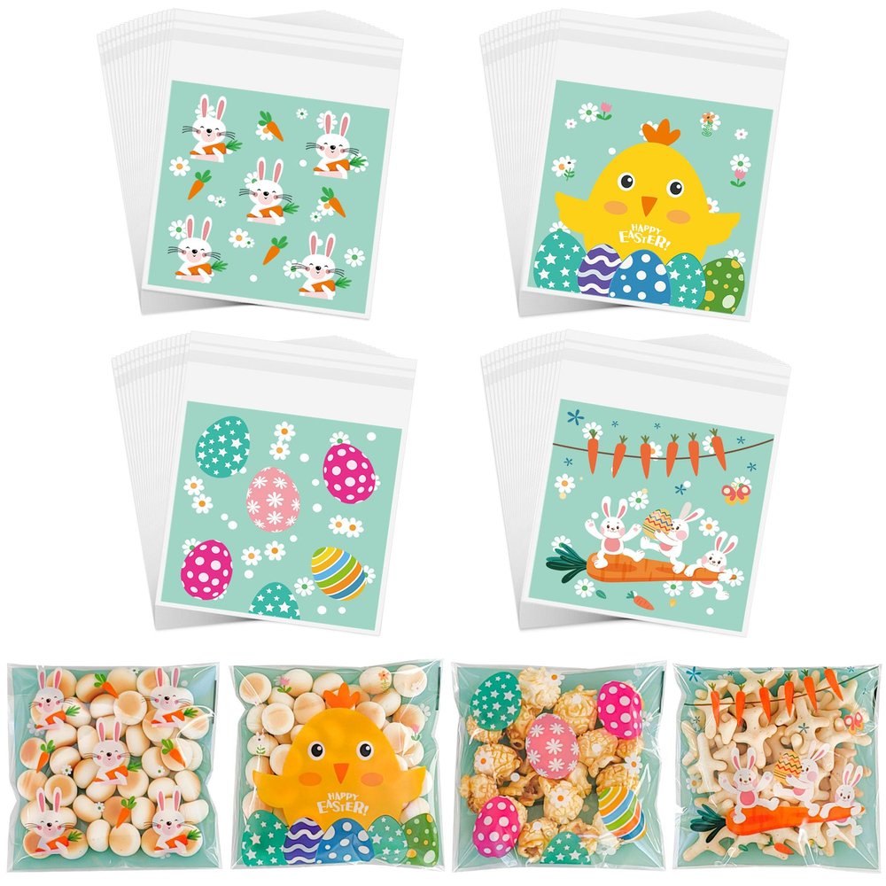 100 Pcs Easter Cookie Bags - 4" x 4" Self-Sealing Easter Cellophane Treat Bags, 4 Adorable Designs Small Clear Plastic Candy Bags for Spring Party Favors, Mini Goodie Bags for Egg Fillers & Snacks