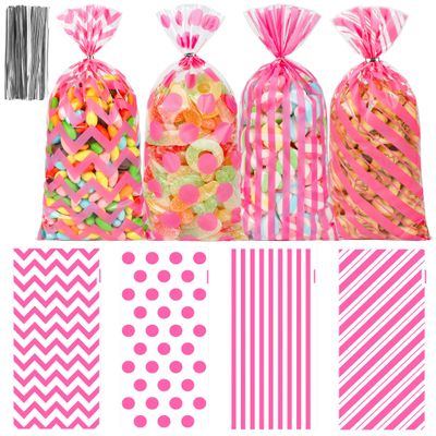100 Pcs Pink Cellophane Treat Bags, 5x11" Pink Polka Dot & Stripe Goodie Bags for Candy, Cookies & Party Favors, Pinks Plastic Gift Bags with Twist Ties for Wedding, Birthday, Baby Shower, Bakery