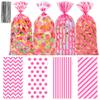 100 Pcs Pink Cellophane Treat Bags, 5x11" Pink Polka Dot & Stripe Goodie Bags for Candy, Cookies & Party Favors, Pinks Plastic Gift Bags with Twist Ties for Wedding, Birthday, Baby Shower, Bakery view 1