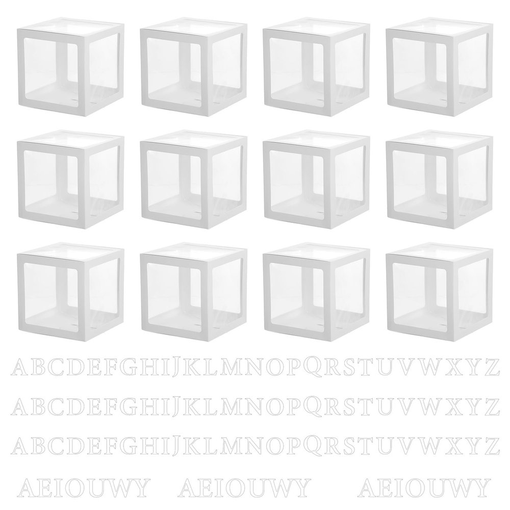 12 Pcs Transparent Balloon Boxes Clear Balloon Boxes with 99 Letters for Baby Shower Gender Reveal Grad Birthday Party Bridal Wedding Anniversary Backdrop Decoration (White)