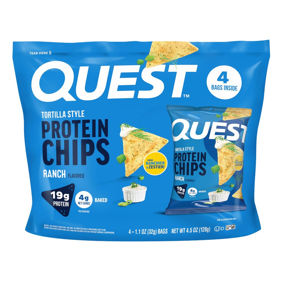 Quest Nutrition Ranch Tortilla Style Protein Chips, 19g Protein, 4g Net Carb, High Protein, Low Carb, Gluten Free, 1.1 Ounce (Pack of 4)
