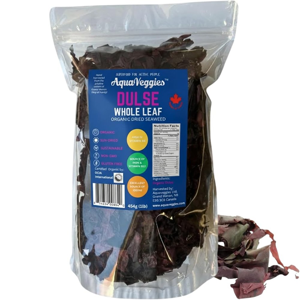 Aqua Veggies Organic Atlantic Dulse Whole Leaf Hand-Harvested & Sun-Dried from Bay of Fundy Rich in Iodine, B6, B12, Iron, Protein, Calcium & Magnesium Vegan Superfood (16 Ounce)