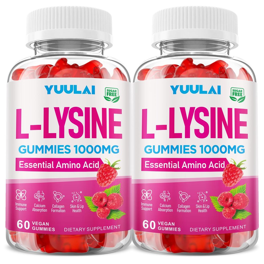 YUULAI Pack of 2 L-Lysine 1000mg Gummies for Adults & Kids, Essential Amino Acid Supplement for Lips & Oral Health, Boost Immune & Collagen & Calcium, Sugar-Free, Raspberry Flavor, 120 Count