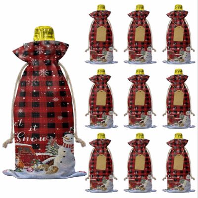 10pcs Linen Burlap Wine Bags with Drawstring Red Plaid Snowman Christmas Wine Gift Bag with Tags Reusable Wines Bottle Cover Gift Bags for Wines Tasting Party Snowflake Red Truck Xmas Tree Gifts