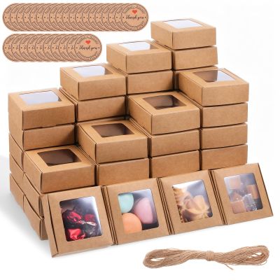 100 PCS Soap Boxes for Homemade Soaps, with 100 Tags and 20m String, 3 X 3 X 1.2 In, Soap Packaging Boxes with Clear Windows, Small Brown Gift Wrapping Box for Bakery Candy Cookies Party Favor