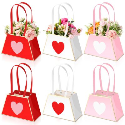 Tinlade 6 Pcs Mother's Day Heart Floral Boxes for Arrangements with Handle Portable Kraft Paper Bouquet Flower Gift Bag Holder Florist Envelope Box for Valentine's Day Wedding Party Home Decor