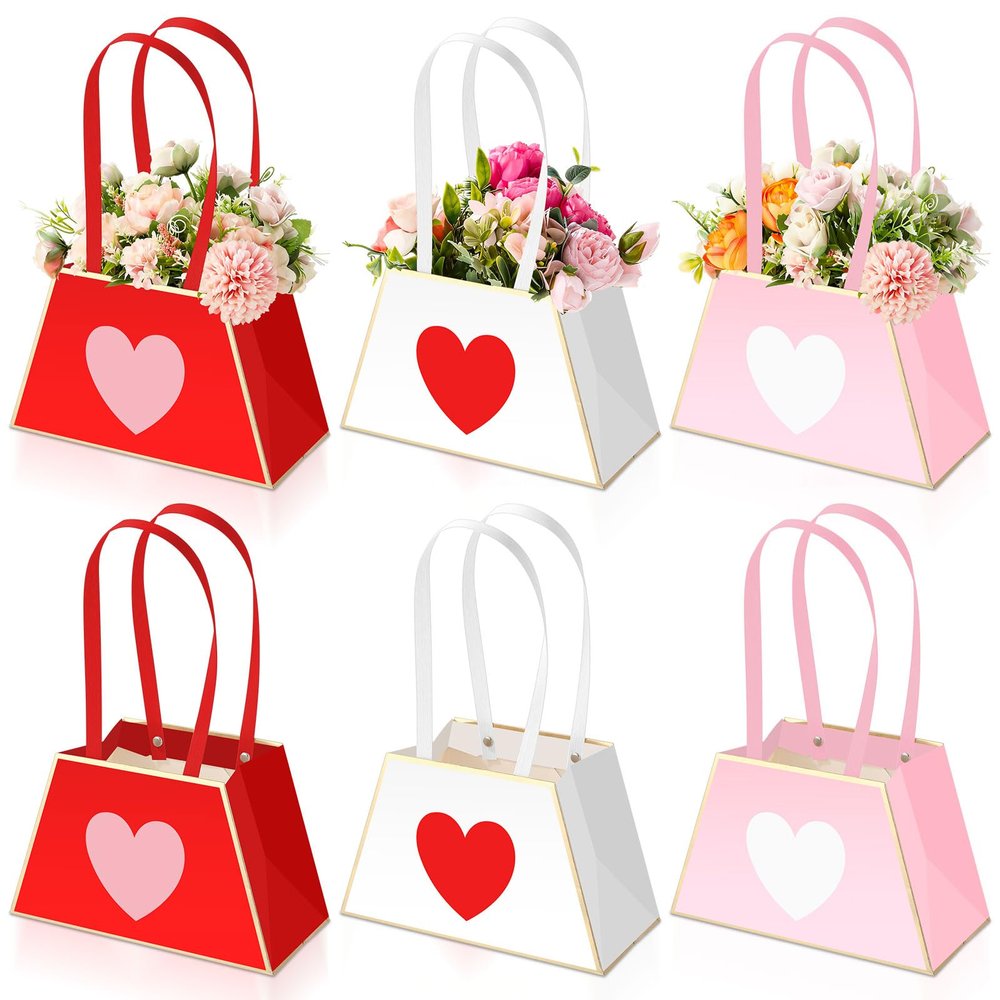 Tinlade 6 Pcs Mother's Day Heart Floral Boxes for Arrangements with Handle Portable Kraft Paper Bouquet Flower Gift Bag Holder Florist Envelope Box for Valentine's Day Wedding Party Home Decor
