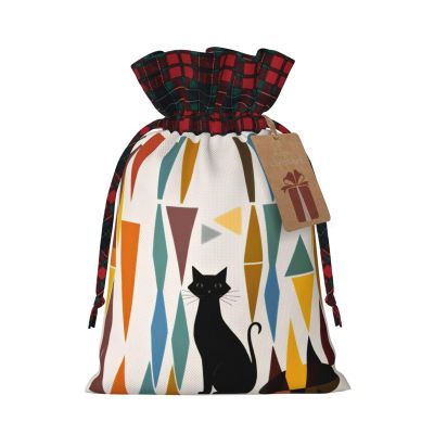 KYVTYBGDD Christmas Drawstring Gift Bags With Tags, Mid-Century Modern Art Cat Print Xmas Gift Wrapping Bag, Candy Bag, Present Wrapping Bag, Christmas Ornaments, New Year, Holiday Party Goodies