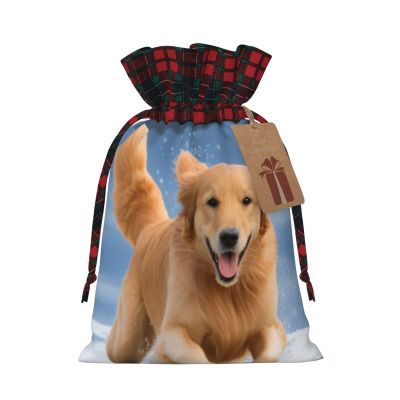 Christmas Drawstring Gift Bags With Tags, Golden Retriever Dogs Puppies Pets Print Xmas Gift Wrapping Bag, Candy Bag, Present Wrapping Bag, Christmas Ornaments, New Year, Holiday Party Goodies