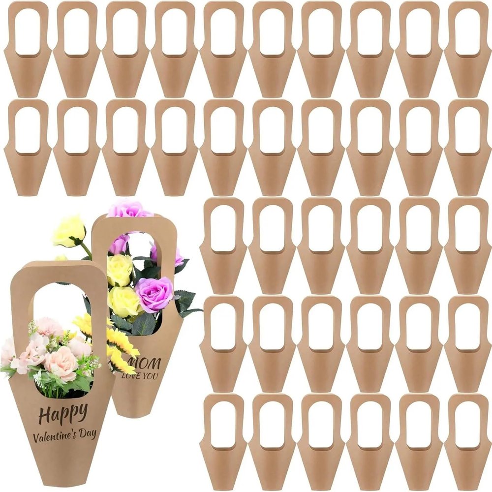 Bingche 100 Pcs Blank Flowers Gift Bags Bouquet With Handle Flower Wrapping Paper Floral Cone Sleeves For Packaging Wedding Party